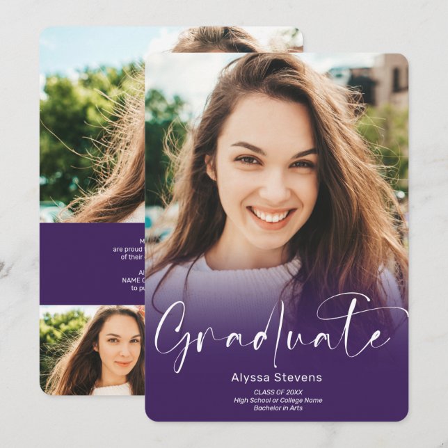 Faire-part Script violet moderne 4 photos graduation (Devant / Derrière)