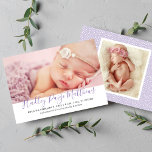 Faire-part Script violet moderne bébé fille photo naissance<br><div class="desc">Simple et douce carte photo faire-part de naissance introduit votre belle petite fille nouveau-née avec une photo de paysage sur le devant et une photo de carré bonus sur le dos. Personnalisez l'écriture manuscrite moderne avec le nom complet du bébé et customisez le texte noir souple avec toutes les statistiques...</div>