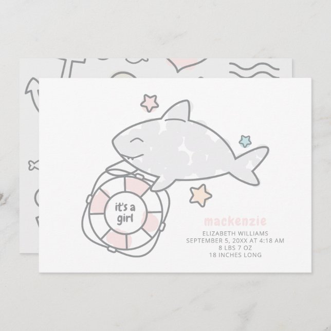 Faire-part Shark Ahoy Baby Girl Birth (Devant / Derrière)