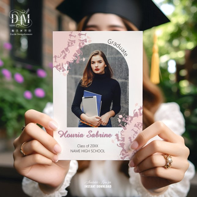 Faire-part Silhouette féminine rose moderne de diplômée avec  (Créateur téléchargé)