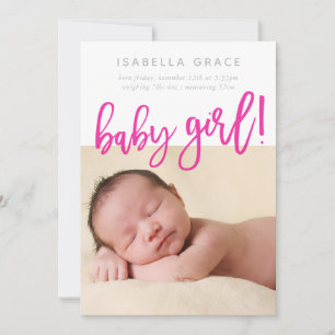 Faire-part SIMPLE BÉBÉ PHOTO moderne fille rose écriture écri
