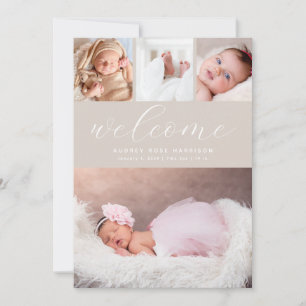Faire-part Simple Beige Welcome Photo Collage Naissance