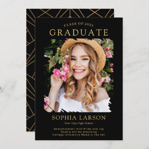Faire-part Simple Black Gold Brush Stroke Photo Graduation