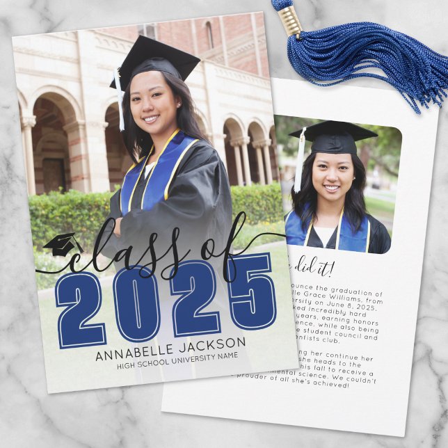 Faire-part Simple Blue Script Graduate Photo Graduate (Simple Blue Script Graduate Photo Graduation Announcement)