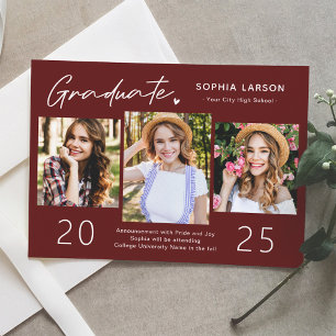 Faire-part Simple Burgundy Red 3 Photo Collage Graduation
