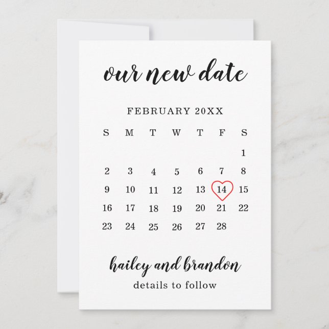 Faire-part Simple Calendrier Cœur Rouge Mariage Changer la Da (Devant)