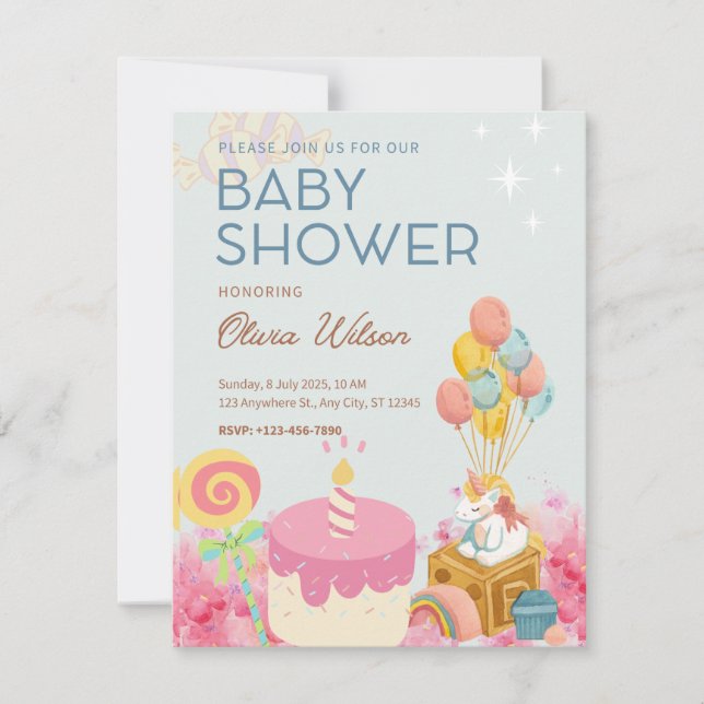 Faire-part Simple Candy rose amusant bébé fille douche Invita (Devant)