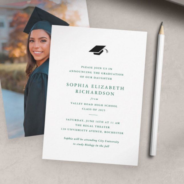 Faire-part Simple Classique Annonce de Diplôme avec Photo Ver (Elegant and Simple Green Type Photo Graduation Announcement.)
