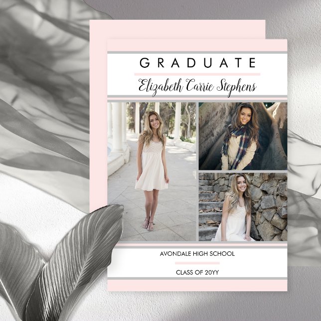 Faire-part Simple Classy Trois Photo Blush Pink Graduation (Simple Classy Three Photo Blush Pink Graduation Announcement - Print | Digital Download)