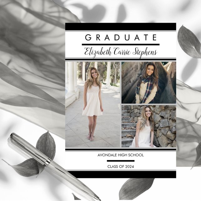 Faire-part Simple Classy Trois Photo Noir | Diplôme blanc (Simple Classy Three Photo Black and White Graduation Announcement)