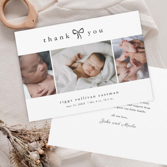 Faire-part Simple Collage Photo Bébé avec un Nœud (Simple hand-drawn bow 3 photo baby announcement thank you cards.)