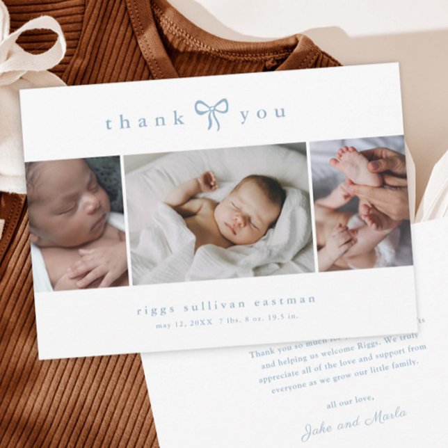 Faire-part Simple Collage Photo Garçon avec un Nœud Bébé (Simple bow 3 photo collage baby announcement cards.)