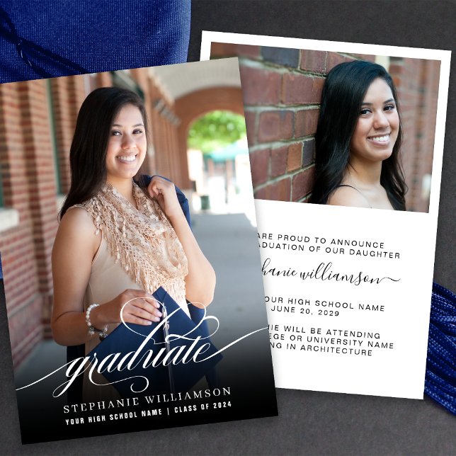 Faire-part Simple élégante superposition de script (Simple Elegant Script Photo Graduation Announcement)