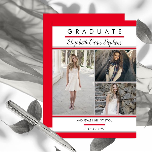 Faire-part Simple et chic trois photo rouge diplômé (Simply and Classy Three Photo Collage Red, White and Silver Gray Graduation Announcement)