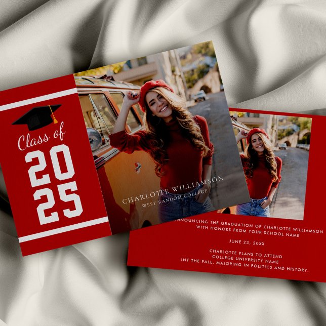 Faire-part Simple Graduation 2025 Red White Grad Photo (Simple Graduation 2025 Red White Grad Photo Announcement)