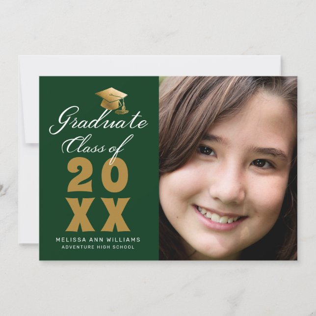 Faire-part Simple Graduation Photo Green Gold Script 2025 (Devant)