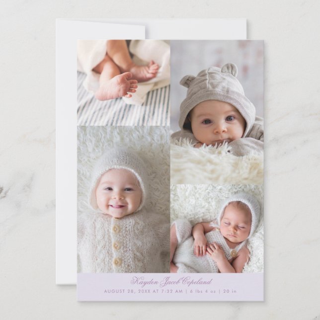 Faire-part Simple grille de photos de naissance lilas (Devant)
