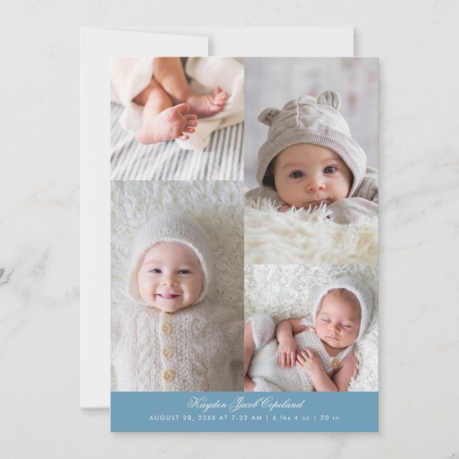 Faire-part Simple grille de photos en bleu denim de naissance (Devant)
