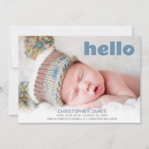 Faire-part Simple Hello Blue Script Blue Back Baby Boy Photo