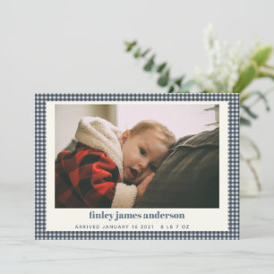 Faire-part Simple Marine bleu Plaid Baby Photo Personnalisé N