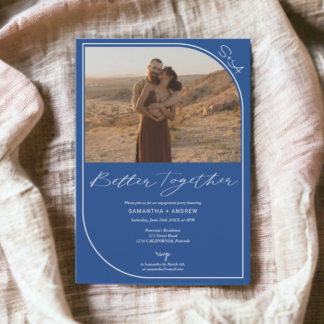 Faire-part Simple moderne bleu 2 photos fiançailles (Simple modern blue 2 photos engagement announcement)