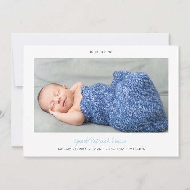 Faire-part Simple Moderne Bleu Script Photo Nouveau bébé Garç (Devant)