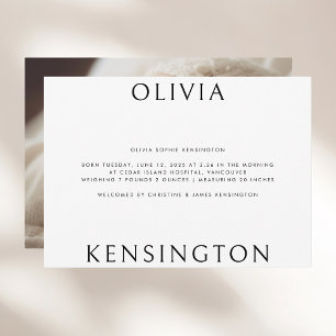 Faire-part Simple Noir Blanc Photo Minimal Naissance du bébé