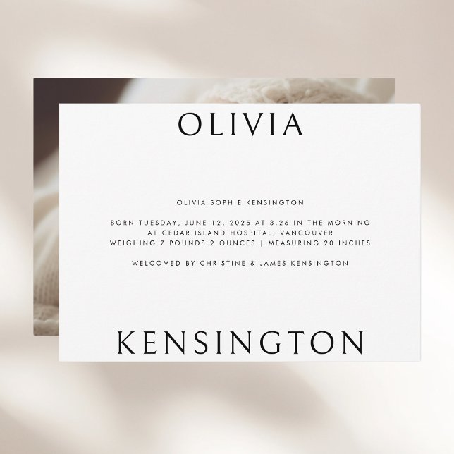 Faire-part Simple Noir Blanc Photo Minimal Naissance du bébé (Créateur téléchargé)