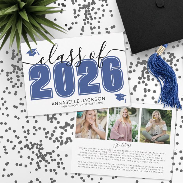 Faire-part Simple Script Diplômé Photo Bleu Remise des diplôm (Simple Script Graduate Photo Blue Graduation Announcement )