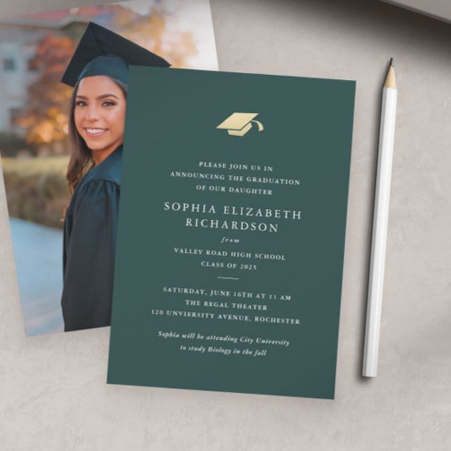 Faire-part Simple Vert et Or Photo Diplômé (Elegant Green and Gold Graduation Photo Announcement Cards.)