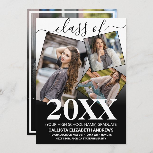 Faire-part Simple White Black Ombre Graduation Photo Collage (Devant / Derrière)