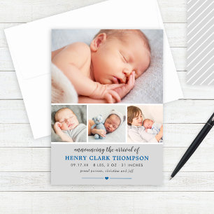 Faire-part Simply Sweet Grey Baby Boy Photo Collage Birth
