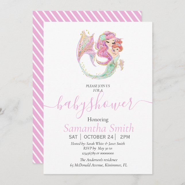 Faire-part Sirène Baby shower douce petite sirène (Devant / Derrière)