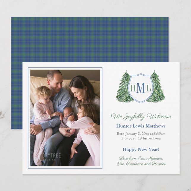 Faire-part Smart Winter Blue Green Photo Baby Boy Birth (Devant / Derrière)