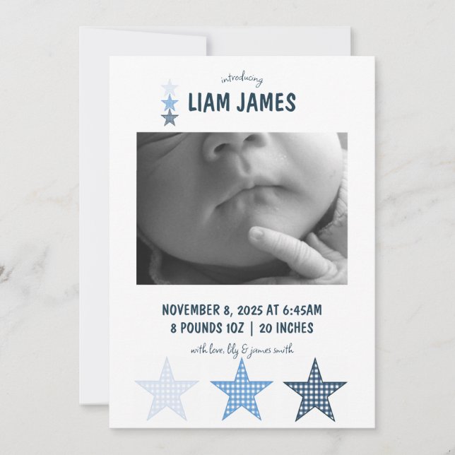 Faire-part Starry Gingham Baby Boy Birth Announcement Card (Devant)