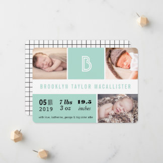 Faire-part Statistiques de bébé Monogramme Bloc de couleur ve