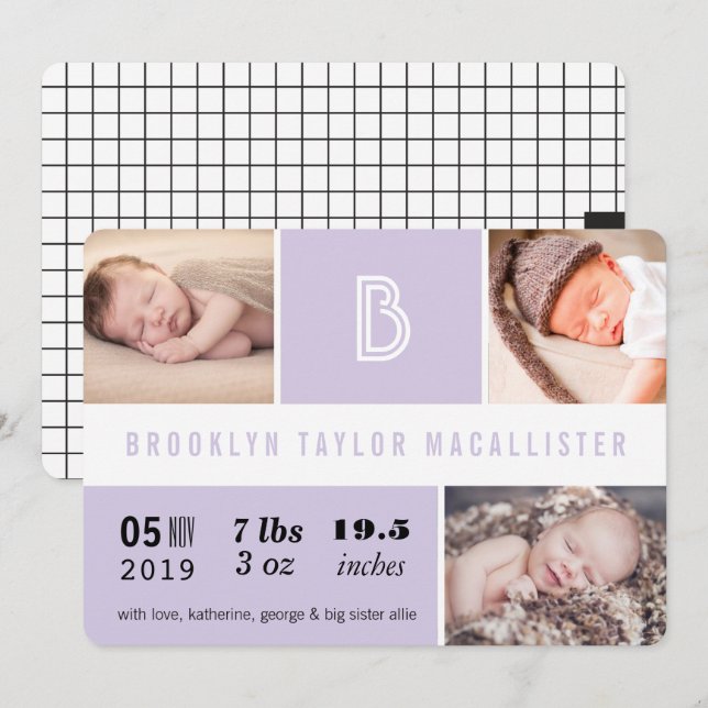 Faire-part Statistiques de bébé Monogramme Bloc de couleur vi (Devant / Derrière)