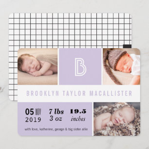 Faire-part Statistiques de bébé Monogramme Bloc de couleur vi