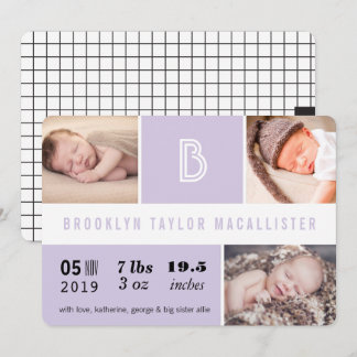 Faire-part Statistiques de bébé Monogramme Bloc de couleur vi