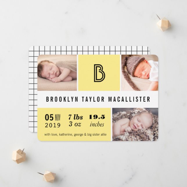 Faire-part Statistiques de bébé Monogramme Jaune Bloc de coul (Devant/Arrière en situation)