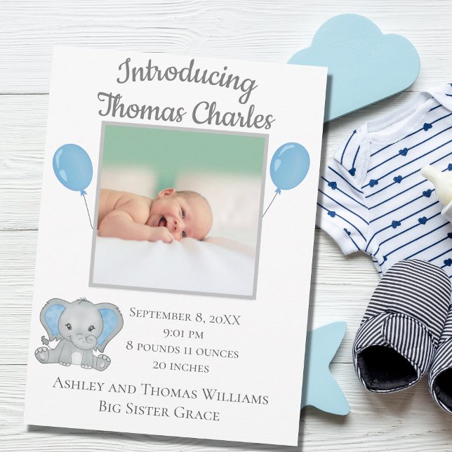 Faire-part Statistiques de naissance Bébé Garçon Éléphant Ble (Créateur téléchargé)