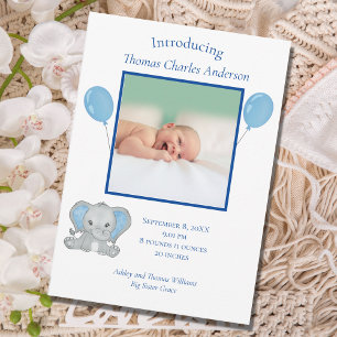 Faire-part Statistiques de naissance Éléphant bleu bébé garço
