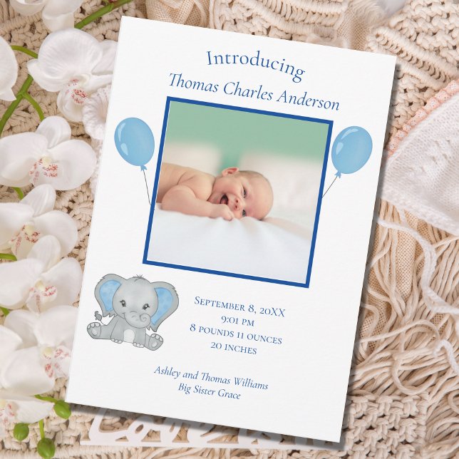 Faire-part Statistiques de naissance Éléphant bleu bébé garço (Créateur téléchargé)