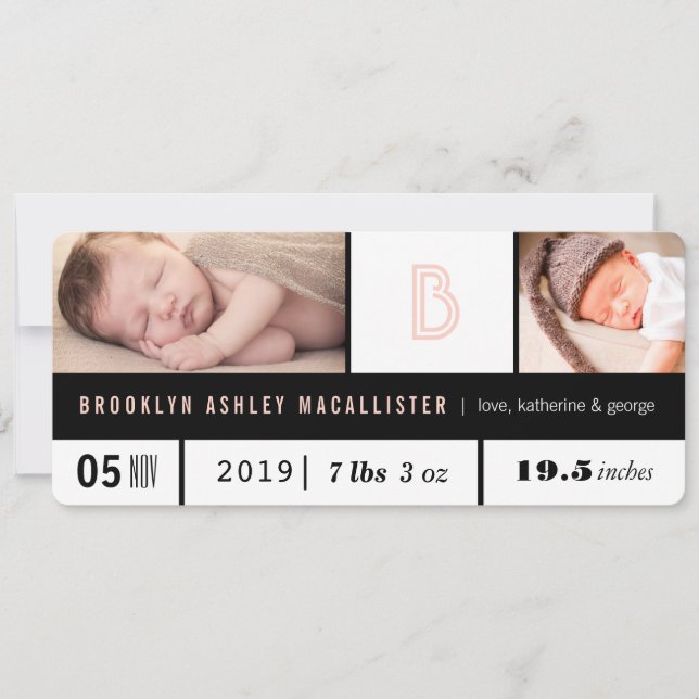 Faire-part Statistiques simples pour bébé fille Monogramme ro (Devant)