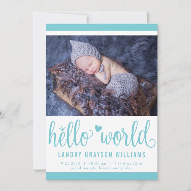 Faire-part Statue de naissance moderne Hello World Aqua (Devant)