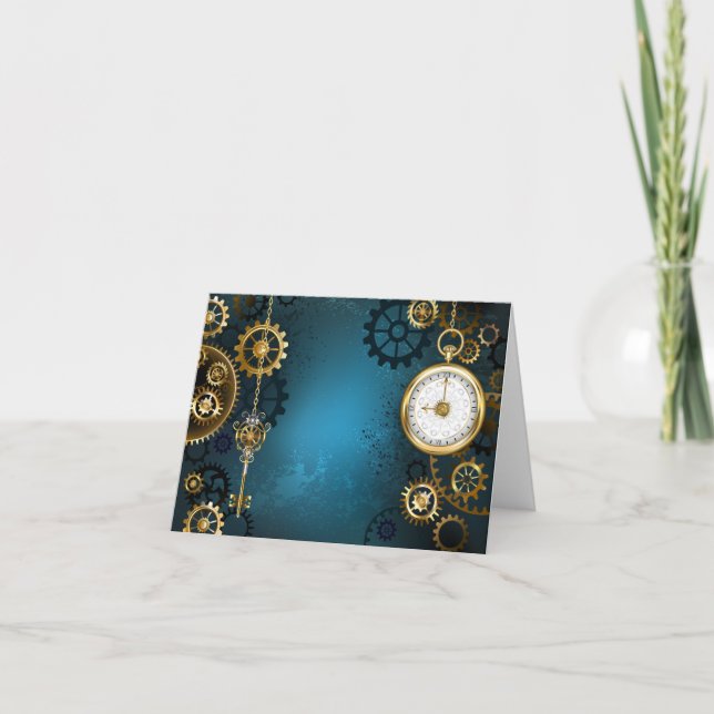 Faire-part Steampunk Arrière - plan turquoise avec Gears (Devant)
