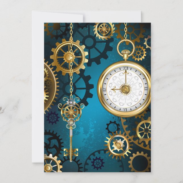 Faire-part Steampunk Arrière - plan turquoise avec Gears (Devant)