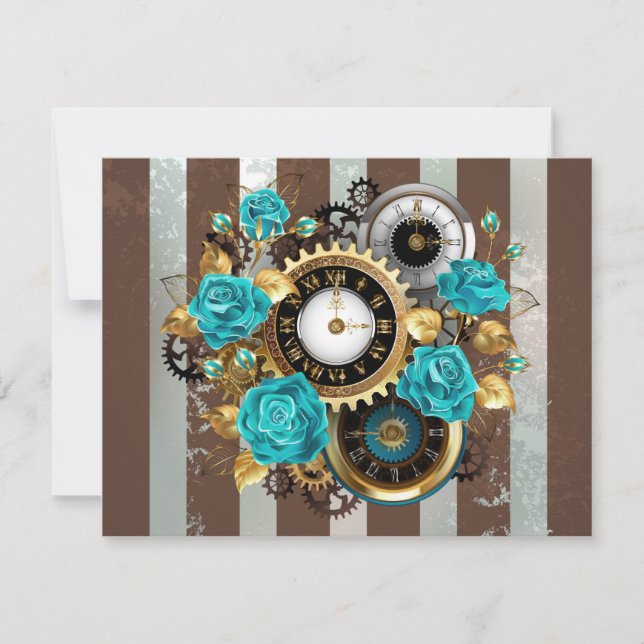 Faire-part Steampunk Clock and Turquoise Roses on Striped (Devant)
