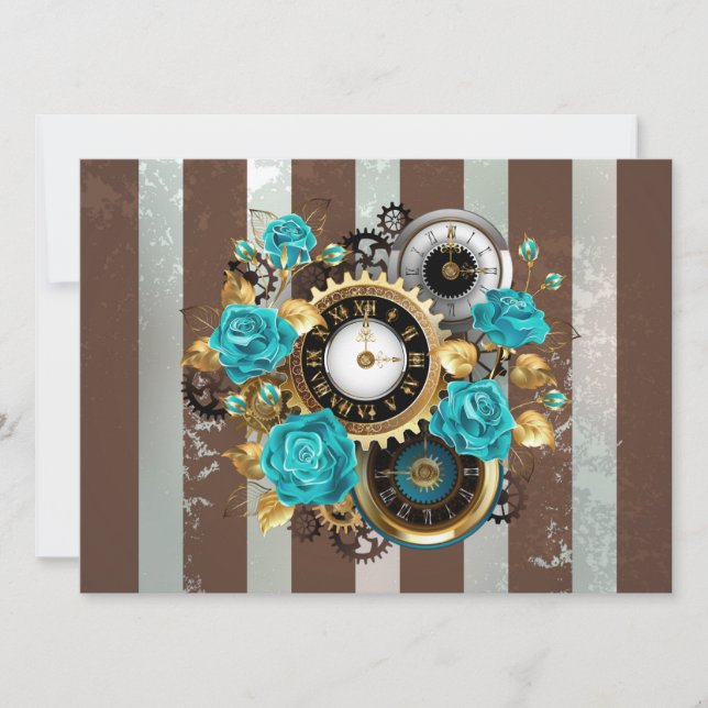 Faire-part Steampunk Clock and Turquoise Roses on Striped (Devant)