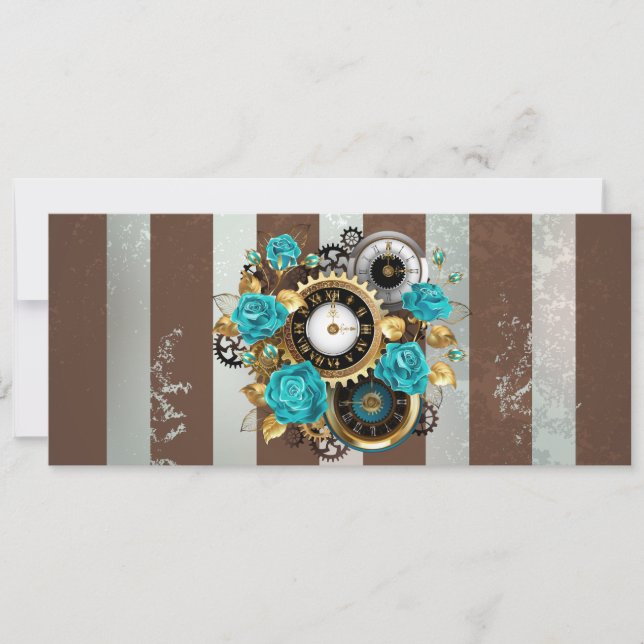 Faire-part Steampunk Clock and Turquoise Roses on Striped (Devant)